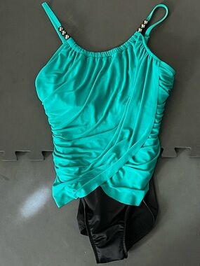 Magicsuit Teal/Black Ruched One Piece Swimsuit Size 14/16 XLg 2010s Era
